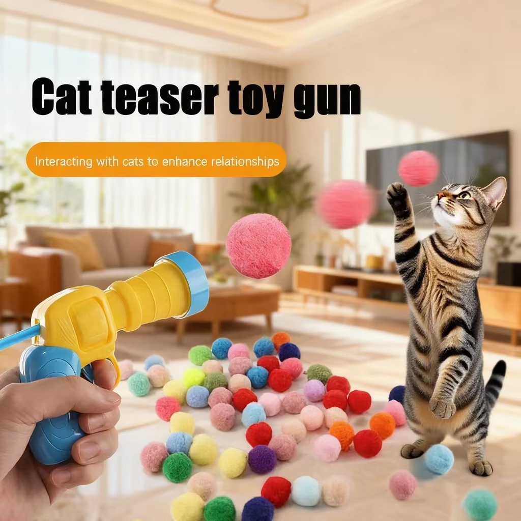 Cat Toys Interactive Launch Training Toy For Pet Kitten Creative Mini Shooting Gun Games Stretch Plush Ball Toys Pet Supplies