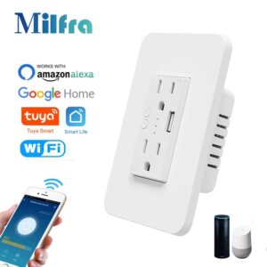 Milfra Wifi Smart Socket Double Wall US Plug Power Outlet with USB Charging Port ON/OFF Tuya Smart Life APP Voice Remote Control