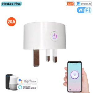 UK Plug Tuya Smart Life WiFi Socket 20A APP Monitor Power Consumption Timing Remote Control ON OFF Works with Google Home Alexa