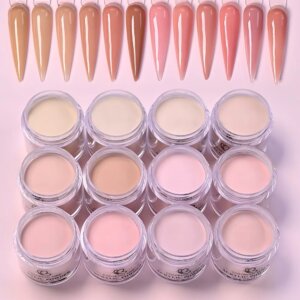 7g*12Pcs Nude Pink Brown Acrylic Nail Powder 3-In-1 Nails Crystal Powder for Nail Salon Extension/Carving/Dipping Pigment Dust 1