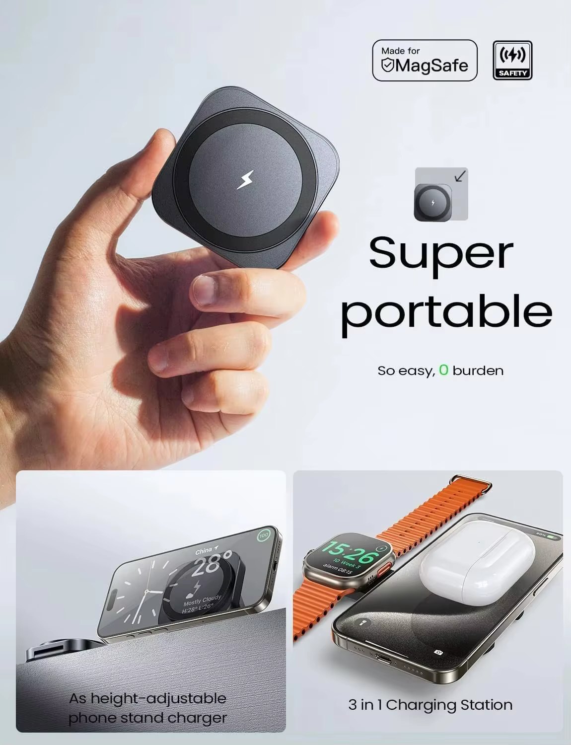 LISEN Universal 2 in 1 Charging Station Devices Wireless Charger Pad Travel Mini Wireless Charger for iPhone 16 Samsung