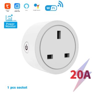 TUYA 20A WiFi smart socket with power metering, AI voice control for mobile devices, and British standard plug socket