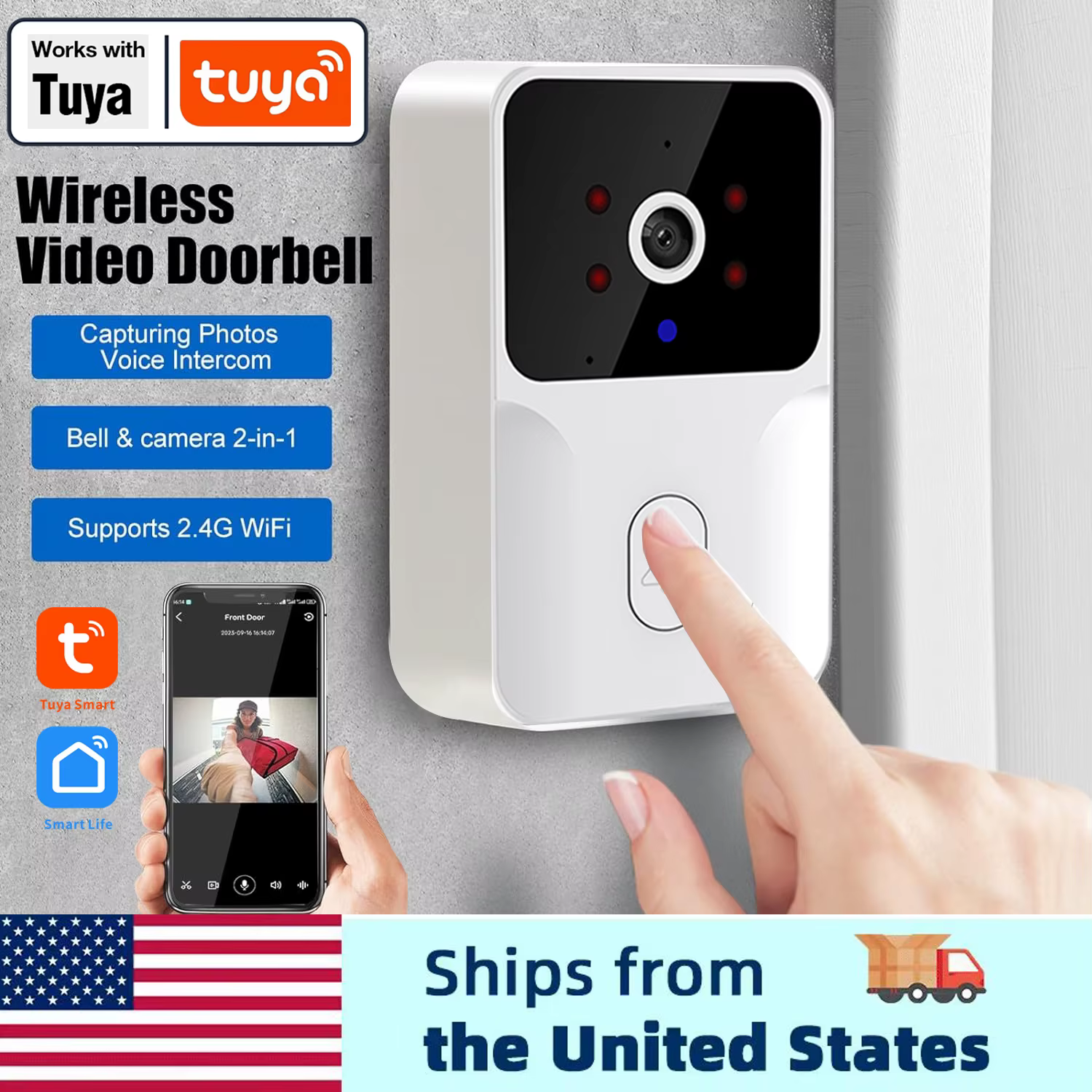 Tuya Smart Video Doorbell Camera 480PHD Wireless doorbell for Home Security, Night Vision, Voice Change, 2-Way Audio, Waterproof