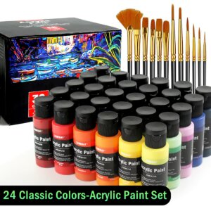 24 Colors Acrylic Paint Set (2oz) - Professional Craft Paint Kit With 12 Brushes For Canvas/Rock/Ceramic/Wood