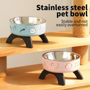 A cartoon printed high-legged pet bowl, large-capacity stainless steel dog bowl, neck-protecting cat bowl, universal fashion and