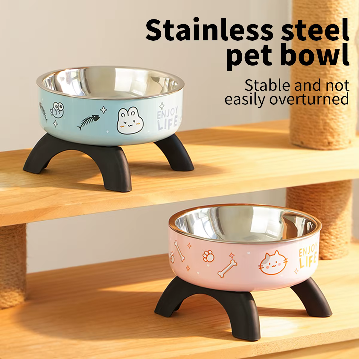 A cartoon printed high-legged pet bowl, large-capacity stainless steel dog bowl, neck-protecting cat bowl, universal fashion and