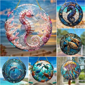 Underwater World SunCatcher Sign,Sea Turtle Seahorse Dolphin Acrylic Sign Translucent Hanging,Window,Garden,Room Home Wall Decor