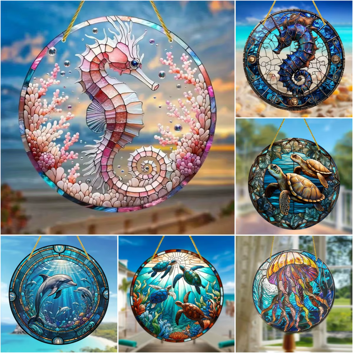 Underwater World SunCatcher Sign,Sea Turtle Seahorse Dolphin Acrylic Sign Translucent Hanging,Window,Garden,Room Home Wall Decor