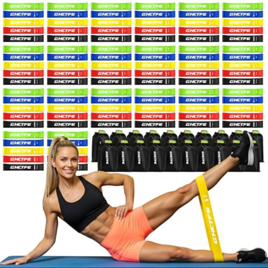 Fitness class resistance bands set: latex mini loop bands in black, blue, red, green, purpledurable, color-coded for progressiv