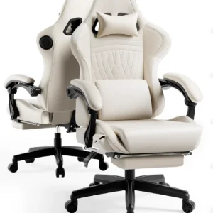 Gaming Chair with Speakers ACE-PRO, s with Footrest for Adults, Built-in Speakers, App Support &Bluetooth Control , Ivory
