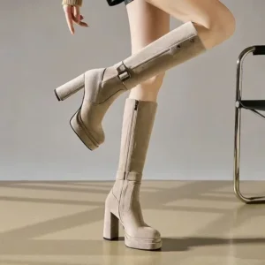 Women Platform Thick High Heel 2025 New Autumn and Winter Stretch Boots Round Toe Long Thigh Boots