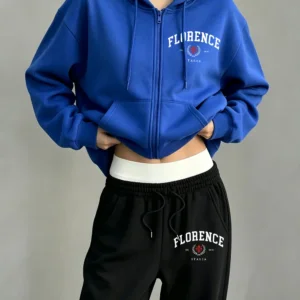 2Pcs Zipper Hoodie Set Womens Florence Printing Sweatpantscasual Oversized Fleece Warm Hoody Sporty Pants Winter Pocket Clothes