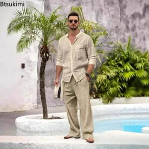New Men's Casual Cotton Linen 2PCS Sets Stand Collar Shirt Modern Pocket Linen Pants 2-Piece Outfits Spring Casual Loose Fit Set