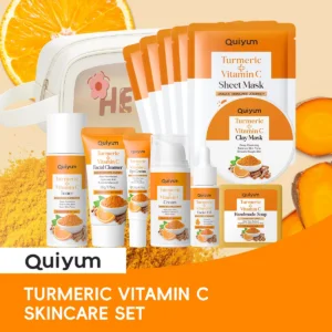 QUIYUM 13Pcs Turmeric Vitamin C Facial Skincare Set, Soap Cleanser Toner Mud Mask Serum Oil Eye Cream Face Cream 5 Sheet Masks