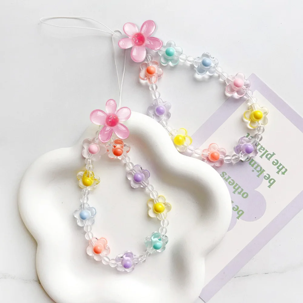 Colorful Sun Flower Beads Mobile Phone Chain Macaron Flower Beaded Mobile Phone Straps Pendant Keychain Creative Phone Chain