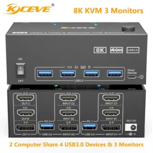 KCEVE 8K Tripe 3 Monitors KVM Switcher USB 3.0 Hub HDMI-Compatible DP Docking Station Switch Selector 2 Computers Share Keyboard