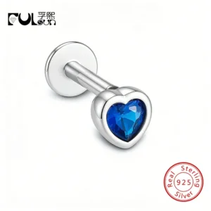 925 Sterling Silver 14K Gold Plated Heart Blue CZ Flat Back Single Stud Earring Cartilage Piercing Jewelry