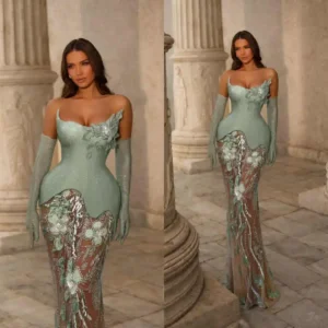 Whimsical Evening Dresses Asymmetrical Sweetheart Corset Matching Mesh Gloves 3D Leaf Floral Sequin Sheer Mermaid Skirt Banquet