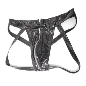 Men Sexy Briefs PU Leather T Shorts Straps Full Zip Crotch Black Stylish