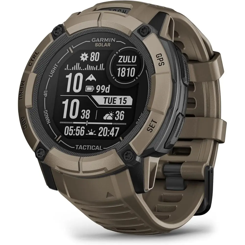 Instinct 2X r - Tactical Edition, Red GPS Smartwatch, Built-in lashlight, Ballistics Calculator, r Charging ability, Coyote Tan