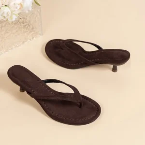 New Faux Suede Heeled Thong Sandals Women Mini Thin Kitten Heel Slides Shoes Woman Non Slip Evening Dress Flip Flops Mule Sandal