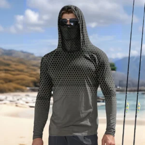 Grey Gradient Honeycomb Men Fishing Hooded Shirt Built‑in Face Cover UPF50+ Sun Protection Quick‑Dry Long Sleeve Outdoor Tops