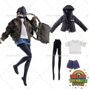 HASUKI 1/12 Scale Female Soldier Air Force Jacket White T-Shirt Denim Shorts Coat Clothes Fit 6Inch Action Figure Model Body