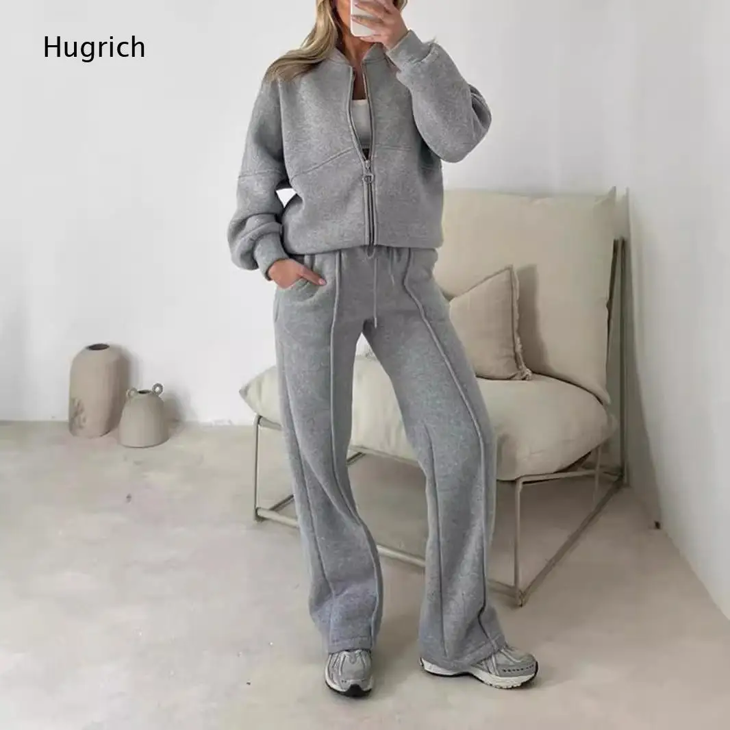 Women Zip Up Oversized Jacket Drawstring Wide Leg Pants Two Piece Tracksuit Casual Sweat Outfit
