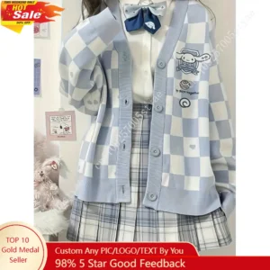 Cinnamoroll Light Blue White Checkered Cardigan Featuring A Heart-Shaped Designed for Teen and Women Long-Sleeved Thin Sweater