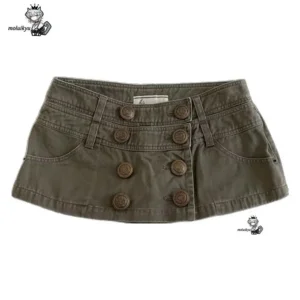 American Y2K Retro Button Military Green Skirt Harajuku Women's Washed Denim Tight Low-Waist Fashion Skirt Cargo Short Skirt